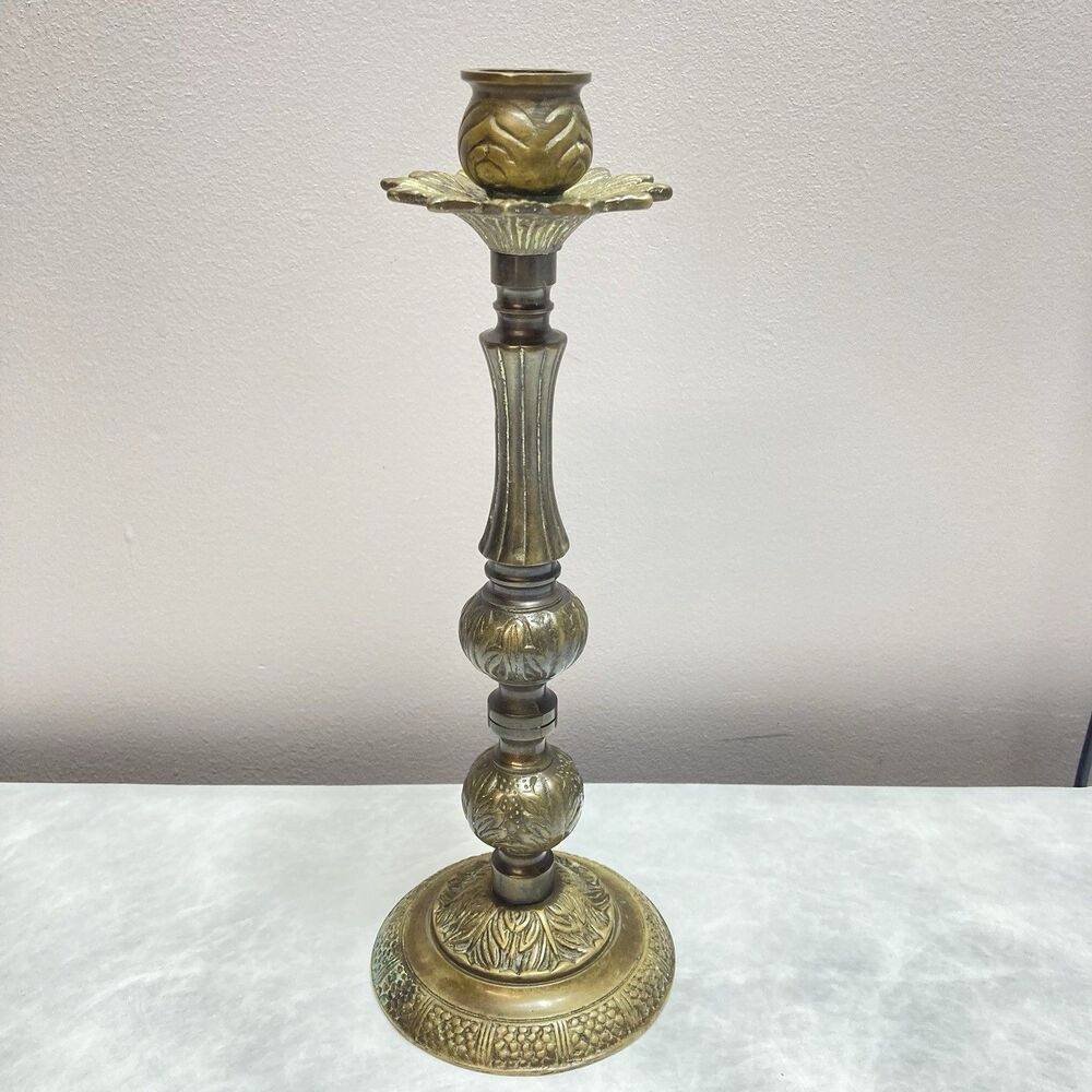 Antique Solid Brass Ornate Primitive Taper Candle Holder 10”